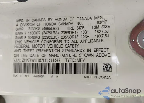 2017 Honda Cr-V Ex-L/Ex-L Navi from USA, damaged, VIN 2HKRW1H87HH511547